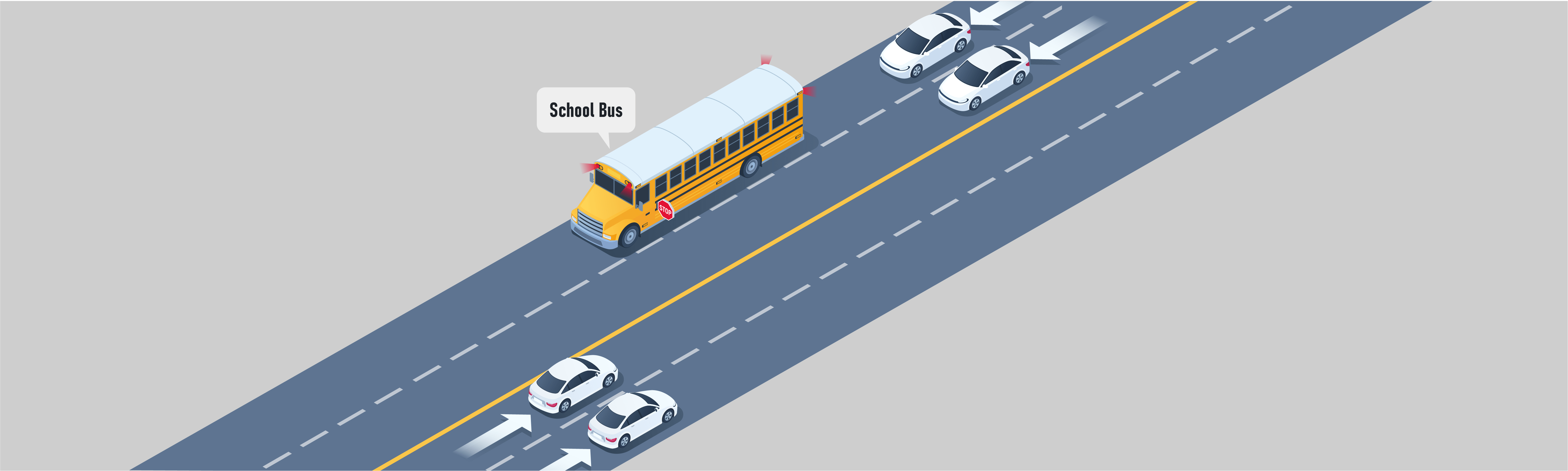 Driving Test Canada - Car Stopping - Which lanes should stop for a school bus on a four-lane undivided highway?