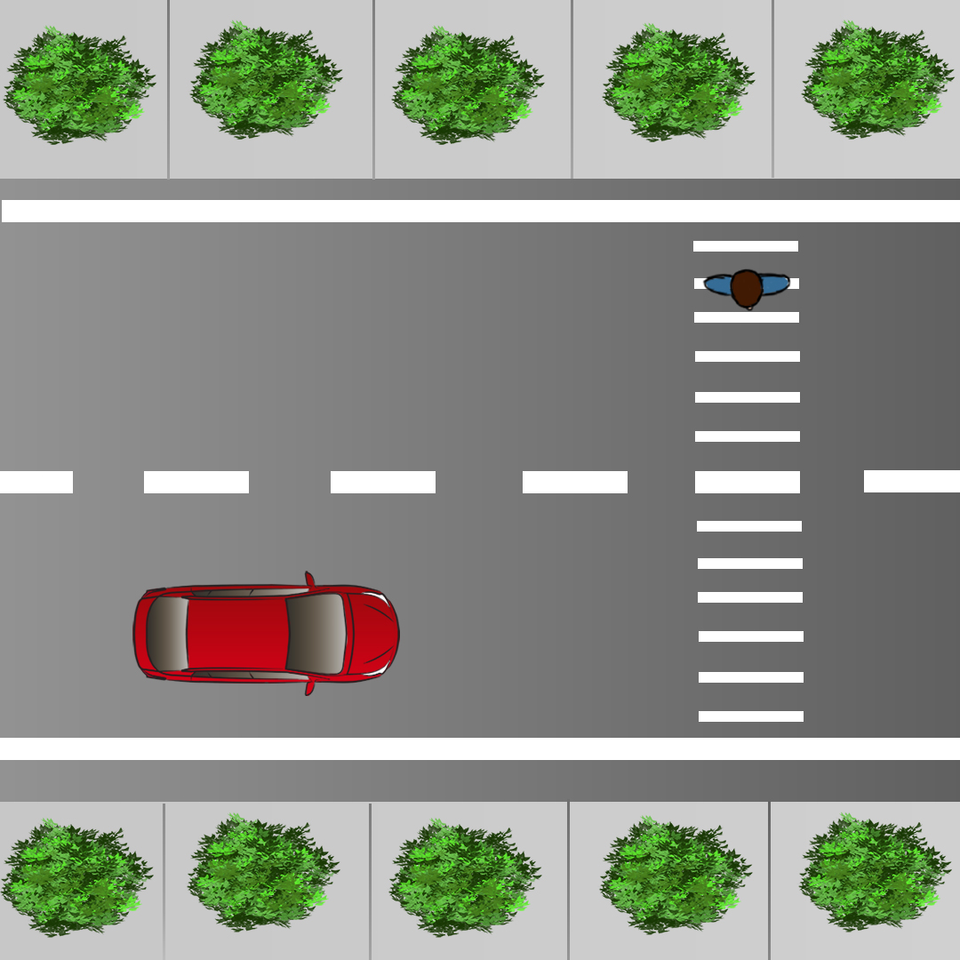 Test 3 - When is it legal to continue driving through a crosswalk when you see a pedestrian on the left sidewalk clearly trying to cross the road?