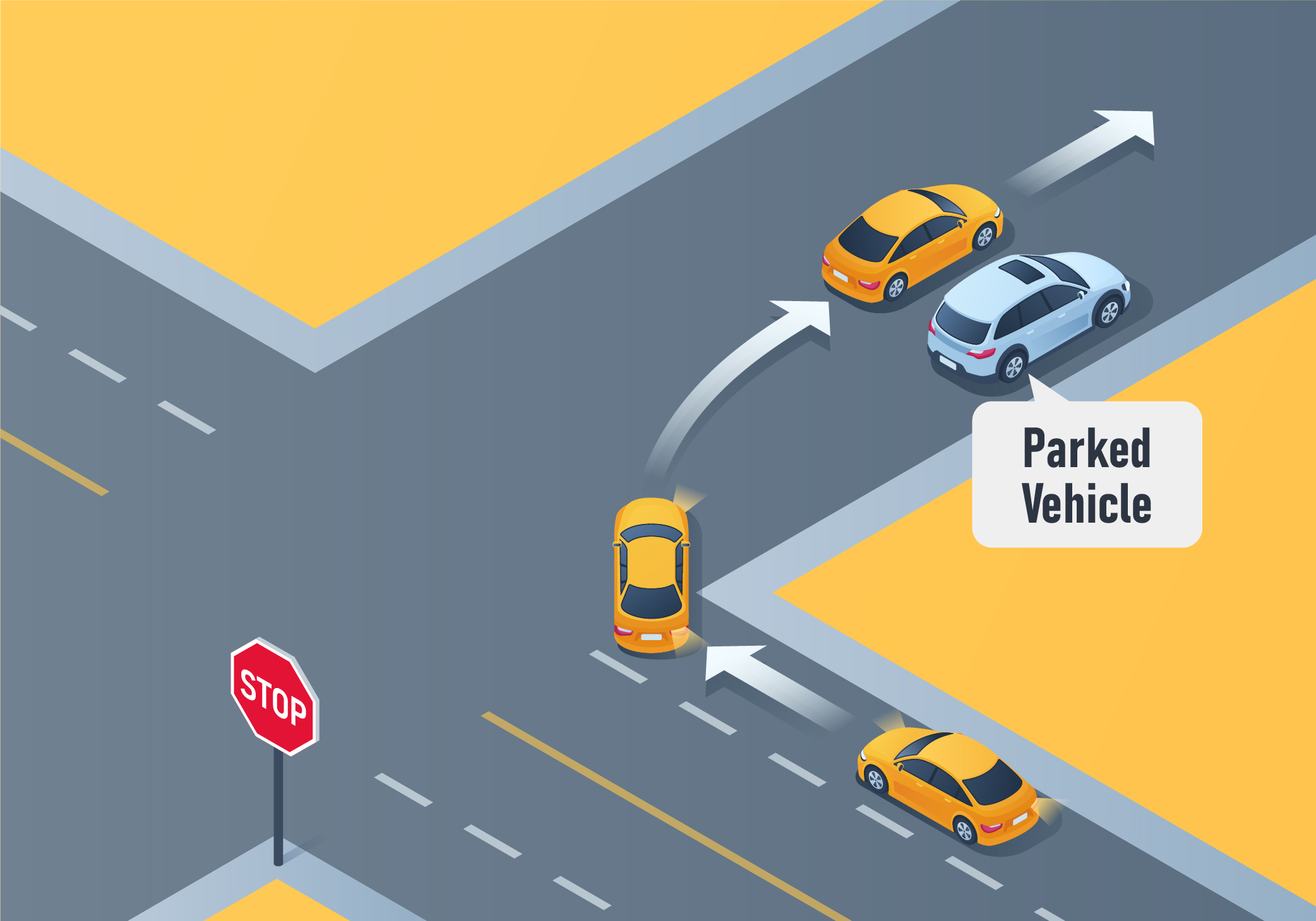 Intersections and Turns - How should you make a turn if there is a parked vehicle or obstruction present close to the corner in the lane you are about to move into?